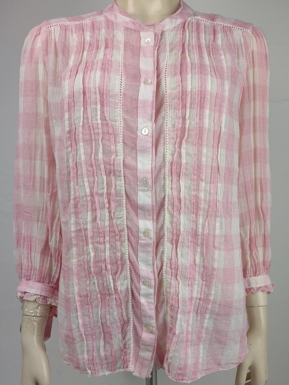 Sundance pink white gingham plaid semi sheer pin tuck blouse top ladies Large